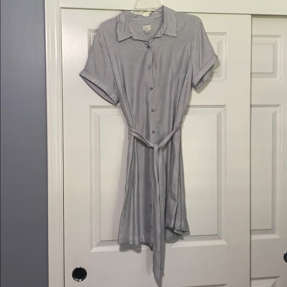 Gray white striped dress.